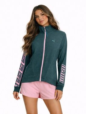 Puma Dark Green Zip-Up Sweatshirt w Baby Pink Trim & Details - Size Small EUC